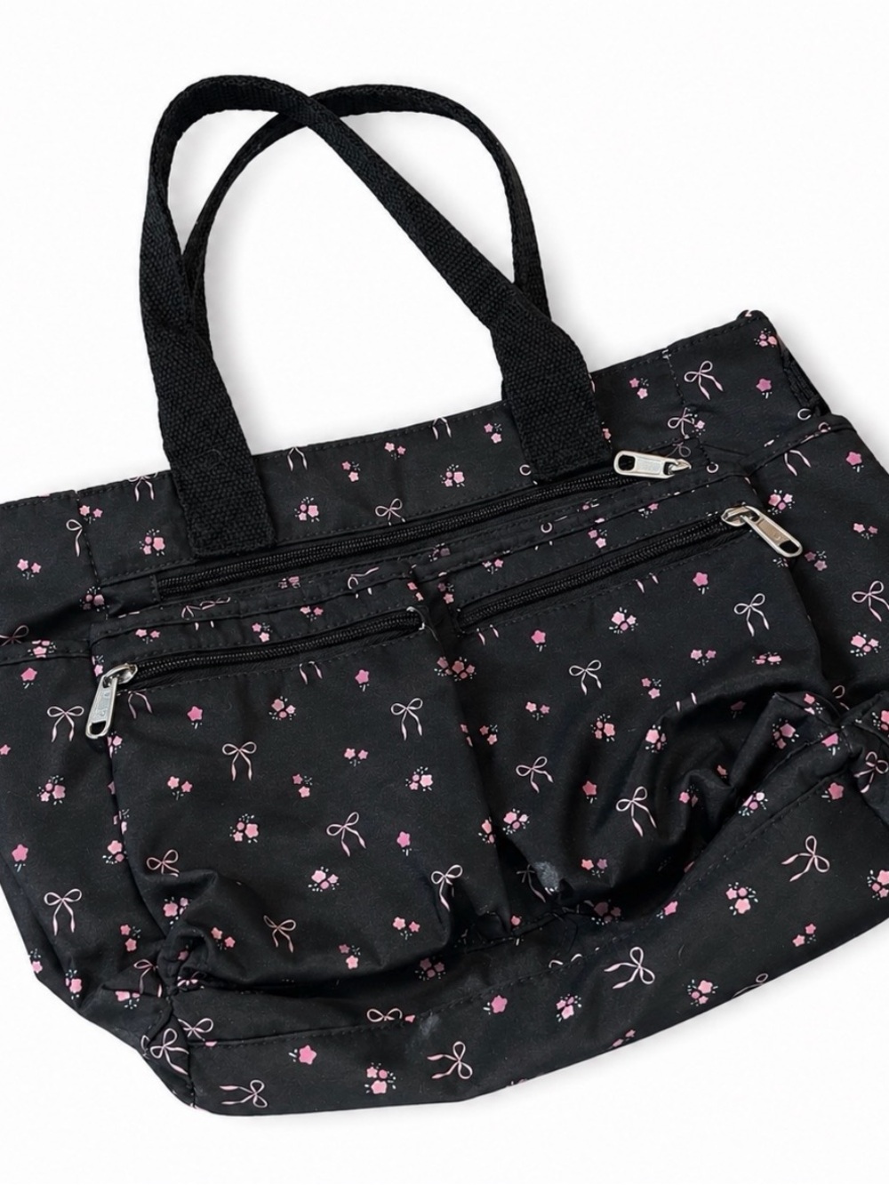 Women's Black Tote Bag with Pink Floral & Bow Print